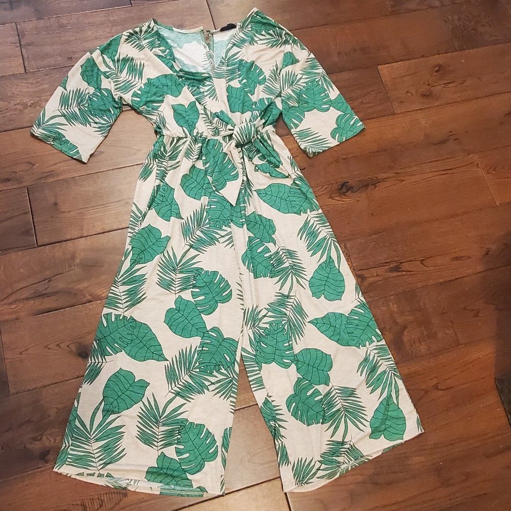 Wide leg jumpsuit - tropical print with tie waist